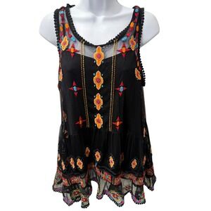 HD In Paris Womens Boho Embroidered Babydoll Dress Black Sheer Mesh Festival S